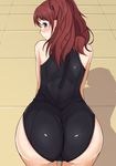  alfort_(may0508) all_fours ass bare_shoulders blush brown_eyes brown_hair kujikawa_rise long_hair looking_at_viewer looking_back one-piece_swimsuit persona persona_4 presenting raised_eyebrow shadow smile solo swimsuit 