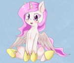  blue_background blush cub equine female feral friendship_is_magic fur hair horn horse mammal my_little_pony pink_hair plain_background pony princess_celestia_(mlp) sitting solo white_fur winged_unicorn wings young zokkili 