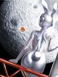  animal_ears arm_at_side astronaut_helmet black_hair bodysuit bunny_ears bunny_tail bunnysuit dutch_angle floating floating_object from_behind full_moon moon moon_rabbit mooncake original plastic_wrap s_zenith_lee signature sitting_on_railing skin_tight space spacesuit tail 