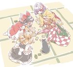  apron bell black_dress black_hair blonde_hair bow brown_hair card cat detached_sleeves dress duplicate floral_print hair_bell hair_bow hair_ornament hair_ribbon hair_tubes hakurei_reimu hieda_no_akyuu iroha_karuta japanese_clothes kimono kirisame_marisa long_sleeves mitsumoto_jouji motoori_kosuzu multiple_girls open_mouth purple_hair red_dress ribbon sitting smile tatami touhou waist_apron wide_sleeves 