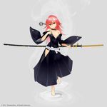  barefoot breasts character_request choker cleavage copyright_name dated fog full_body grey_background hakama head_tilt holding holding_sword holding_weapon japanese_clothes katana kimono long_hair medium_breasts mitsudomoe_(shape) off_shoulder ootachi pink_hair poaro red_eyes ripples sengoku_wars sheath sheathed simple_background solo sword thighs tomoe_(symbol) walking walking_on_liquid weapon 