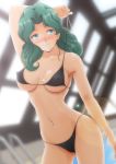  1girl bangs bikini bishoujo_senshi_sailor_moon black_bikini blue_eyes blush breasts closed_mouth cowboy_shot erect_nipples green_hair highres kaiou_michiru long_hair looking_at_viewer medium_breasts nanashi_noiji navel parted_bangs rei_no_pool smile solo swimsuit underboob 