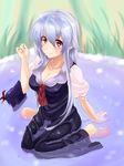  absurdres barefoot blue_hair breasts cleavage collarbone dress glint grass hand_up hat hat_removed headwear_removed highres in_water kamishirasawa_keine kamo_(yokaze) large_breasts long_hair puffy_short_sleeves puffy_sleeves red_eyes revision short_sleeves sitting smile solo touhou wariza wet wet_clothes 