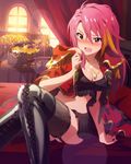  artist_request blush boots breasts chain cleavage curtains epaulettes idolmaster idolmaster_million_live! jewelry long_hair maihama_ayumu medium_breasts midriff navel necklace official_art open_mouth pendant pink_eyes pink_hair thigh_boots thighhighs treasure treasure_chest window 