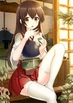  :p akagi_(kantai_collection) aldehyde blush box brown_eyes brown_hair eating finger_licking food hakama_skirt highres japanese_clothes kantai_collection leaf licking long_hair muneate ohitsu onigiri outdoors plant rice rice_spoon sitting skirt sliding_doors solo table tasuki thighhighs tongue tongue_out white_legwear zettai_ryouiki 