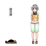  aoshima arms_behind_back bare_shoulders contemporary eyebrows green_eyes grey_eyes grey_hair hat hat_ribbon heterochromia highres komeiji_koishi loafers looking_at_viewer navel ribbon shoes short_hair shorts smile solo third_eye touhou translation_request 