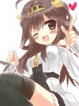  ;d ahoge bare_shoulders black_bow black_legwear black_skirt blush bow breasts brown_hair clenched_hand detached_sleeves frilled_skirt frills headgear heart kantai_collection kongou_(kantai_collection) long_hair long_sleeves looking_at_viewer medium_breasts natsuki_marina nontraditional_miko one_eye_closed open_mouth pointing red_ribbon ribbon ribbon-trimmed_sleeves ribbon_trim simple_background sitting sketch skirt smile solo thighhighs white_background wide_sleeves zettai_ryouiki 