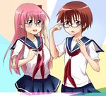  adjusting_eyewear bespectacled brown_hair glasses haramura_nodoka miyanaga_saki multiple_girls open_mouth pink_hair rimless_eyewear saki school_uniform serafuku stc 