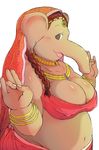  big_breasts breasts chubby cleavage clothed clothing ear_piercing elephant female jewelry kokkooman looking_at_viewer mammal midriff navel necklace piercing solo 