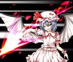  bat_wings blue_hair bow fang hat hat_bow nora_wanko one_eye_closed red_eyes remilia_scarlet shards short_hair solo spear_the_gungnir touhou wings 