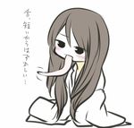  blush brown_hair head_tilt japanese_clothes kimono long_hair long_tongue lowres original poaro prehensile_tongue simple_background sitting solo tongue tongue_out translation_request very_long_hair white_background 