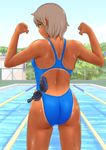  1girl arms_up ass competition_swimsuit dark_skin gavinekov goggles muscle_flex one-piece_swimsuit solo swim_cap swimsuit tan tanline 