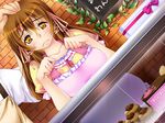  1boy 1girl apron blush brown_hair chako_(nikukyun_ongaeshi) collarbone game_cg hand_on_head nikukyun_ongaeshi orange_eyes personification 