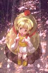  blonde_hair carrying full_body gourd japanese_clothes kimono knees_together_feet_apart looking_at_viewer manyuuki nyan_nyan outdoors oversized_object short_hair short_kimono smile solo tsukumo 