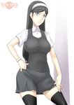  1girl black_hair black_legwear blue_eyes breasts hairband hand_on_hip highres hornet_(artist) kumashiro_maya large_breasts legs long_hair looking_at_viewer seikimatsu_occult_gakuin simple_background skirt solo standing thighs 