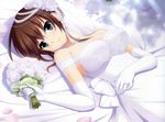  bouquet breasts bridal_veil brown_hair dress elbow_gloves flower gloves green_eyes hatsukoi_1/1 highres jewelry koizumi_amane large_breasts lying necklace pearl_necklace rose solo tokizaki_maya veil wedding_dress white_flower white_rose 