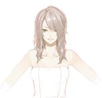  bare_shoulders brown_hair dress green_eyes hair_over_one_eye lips long_hair looking_at_viewer outstretched_arms parted_lips phantasy_star phantasy_star_online_2 poaro simple_background solo spread_arms strapless strapless_dress tube_dress white_background 