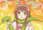  2013 blush_stickers brown_hair bubble_background green_eyes happy_new_year matsumi_yuu musical_note new_year nyagoro open_mouth orange_background saki smile snake solo 