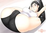  1girl ass black_hair black_legwear black_panties blue_eyes blush breasts cameltoe dress hairband highres hornet_(artist) kumashiro_maya large_breasts legs legs_up long_hair looking_up lying on_back panties seikimatsu_occult_gakuin simple_background solo thighs underwear 