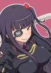  black_gloves black_hair blush breasts eyepatch flower gloves hair_flower hair_ornament large_breasts long_hair looking_at_viewer negija open_mouth red_eyes sekai_seifuku:_bouryaku_no_zvezda shikabane_itsuka side_ponytail simple_background sketch skull_and_crossbones smile solo sword weapon 