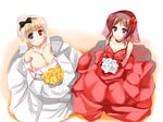  blush bouquet breasts choker cleavage dress flower formal from_above fukuji_mihoko hair_bun hair_flower hair_ornament hair_ribbon hair_up heterochromia holding holding_flower jewelry large_breasts looking_at_viewer looking_up multiple_girls necklace piaroo red_dress red_wedding_dress ribbon saki simple_background takei_hisa veil wedding_dress white_dress 