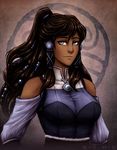  alternate_costume artist_name avatar_(series) bare_shoulders blue_eyes breasts brown_hair dark_skin detached_sleeves hair_ornament hair_ribbon high_ponytail iahfy korra large_breasts long_hair ponytail ribbon solo taut_clothes the_legend_of_korra upper_body 