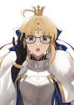  1girl :o absurdres adjusting_eyewear ahoge armor armored_dress artoria_pendragon_(caster)_(fate) artoria_pendragon_(fate) bangs black-framed_eyewear black_eyes black_gloves blonde_hair blue_bow bow breastplate crown ddukbaegihunt dress elbow_gloves eyebrows_visible_through_hair facial_mark fate/grand_order fate_(series) forehead_mark glasses gloves hair_bow hair_ribbon highres long_hair looking_at_viewer mini_crown open_mouth parted_bangs red_ribbon ribbon sidelocks simple_background solo teeth tongue twintails upper_body upper_teeth white_armor white_background white_dress wide_sleeves 