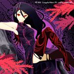  2012 abstract_background black_hair branch character_request china_dress chinese_clothes dated dress gloves half_gloves knee_up legs long_hair looking_at_viewer lowres poaro print_legwear red_eyes sengoku_wars solo thighhighs thighs torn_clothes torn_legwear 