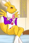  bed black_nose blush breasts canine chest_tuft claws digimon dildo elbow_gloves female fid fox fur gloves green_eyes japanese_text mammal raised_tail renamon room sex sex_toy sitting small_breasts solo teeth text toy translation_request tuft vibrator white_fur yellow_fur yin_yang 