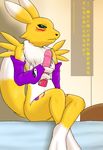  bed black_nose blush breasts canine chest_tuft claws digimon dildo elbow_gloves female fid fox fur gloves green_eyes japanese_text mammal raised_tail renamon room sex sex_toy sitting small_breasts solo text toy translation_request tuft vibrator white_fur yellow_fur yin_yang 