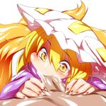  animal_ears blonde_hair blush cheek_bulge commentary cum cum_in_mouth fellatio fingernails fox_ears fox_tail hat kaminari multiple_tails oral penis pov sharp_fingernails solo_focus tail touhou yakumo_ran yellow_eyes 