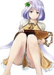  bare_legs barefoot biwa_lute flower hair_flower hair_ornament hari174 holding instrument lavender_hair long_hair looking_at_viewer lute_(instrument) purple_eyes simple_background smile solo touhou tsukumo_benben white_background 