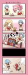  4girls 4koma :< blue_hair bow cake comic crossed_arms drill_hair food fruit fumigator hair_ornament hair_ribbon hairclip highres kaname_madoka long_hair mahou_shoujo_madoka_magica miki_sayaka mont_blanc_(food) multiple_girls pesticide pink_hair red_hair ribbon sakura_kyouko school_uniform short_hair skirt solid_circle_eyes strawberry tears tomoe_mami translation_request twin_drills twintails u_u_(mooooooou) yellow_eyes |_| 