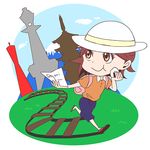  backpack backpack_travel bag colorized commentary food hat higuchi_(trigger) kobe_port_tower mount_fuji official_art onigiri picnic promotional_art railroad_tracks simple_background smile trigger_(company) tsuutenkaku yasaka_pagoda 