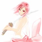  back bloom character_request eyelashes facial_mark forehead_mark from_behind hair_blowing hips holding holding_sword holding_weapon katana looking_back over_shoulder partially_undressed pink_hair poaro red_eyes sengoku_wars short_hair simple_background solo sword sword_over_shoulder topless weapon weapon_over_shoulder white_background 