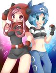  2girls bandanna battle_chatelaine_(pokemon) blue_hair breasts cosplay happy hood hoodie lajournee_(pokemon) lesoir_(pokemon) long_hair midriff multiple_girls navel npc_trainer pink_hair pokemon pokemon_(game) pokemon_xy short_hair smile team_aqua team_aqua_(cosplay) team_magma team_magma_(cosplay) 