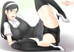  1girl black_hair black_legwear black_panties blue_eyes blush breasts feet hairband high_heels highres hornet_(artist) kumashiro_maya large_breasts leg_up legs long_hair looking_at_viewer lying open_mouth panties seikimatsu_occult_gakuin simple_background solo spread_legs thighs underwear 