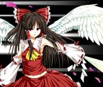  angel_wings armpits bare_shoulders bow brown_hair detached_sleeves gohei hair_bow hair_tubes hakurei_reimu haraegushi nora_wanko oonusa purple_eyes shards solo touhou wings 