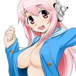  blush breasts cleavage covered_nipples headphones hood hoodie large_breasts long_hair looking_at_viewer naked_hoodie nitroplus no_bra open_mouth pink_eyes pink_hair sat-c smile solo super_sonico 