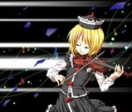  blonde_hair closed_eyes hat instrument lunasa_prismriver music musical_note nora_wanko playing_instrument shards solo touhou violin 