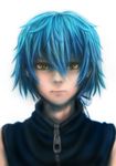  1boy blue_hair child guglielmo highres kyushu_sentai_danjija long_hair looking_at_viewer male male_focus ouita_aoi portrait realistic simple_background simple_backround solo vest white_background will_kei yellow_eyes 