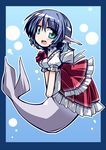  alternate_costume blue_hair blush green_eyes head_fins hemogurobin_a1c looking_at_viewer mermaid monster_girl open_mouth short_hair solo touhou wakasagihime 