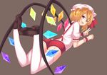  ass blonde_hair fang flandre_scarlet from_behind garter_straps hat loafers looking_at_viewer looking_back lying on_stomach open_mouth ponkotsu_(ayarosu) red_eyes shoes shorts smile solo thighhighs touhou v white_legwear wings wrist_cuffs 