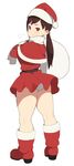  1girl accho_(macchonburike) ass bag bell boots brown_hair dress gloves highres las_vegas_(accho) original red_eyes santa_costume short_dress smile thick_thighs thighs twintails 