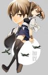  aircraft airplane black_legwear blush brown_eyes brown_hair character_name geta gloves japanese_clothes kaga_(kantai_collection) kantai_collection kishiro_(michiko) muneate partly_fingerless_gloves sandals short_hair side_ponytail single_glove skirt solo thighhighs torpedo yugake zoom_layer 