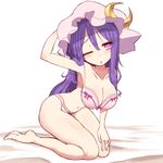 ;o barefoot blush bow bow_bra bow_panties bra breasts cleavage crescent hand_behind_head hat kneeling kuresento large_breasts long_hair md5_mismatch navel one_eye_closed panties patchouli_knowledge pink_bra pink_panties purple_eyes purple_hair solo touhou underwear underwear_only 