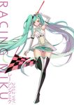  2012 arm_up boots character_name checkered checkered_flag doming elbow_gloves fingerless_gloves flag full_body gloves goodsmile_company goodsmile_racing green_eyes green_hair hatsune_miku long_hair navel race_queen racing_miku racing_miku_(2012) solo thigh_boots thighhighs twintails very_long_hair vocaloid white_background 