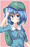  backpack bag blue_eyes blue_hair blush bow hair_bow hat highres kawashiro_nitori naba_(take_tonbo) solo touhou two_side_up 