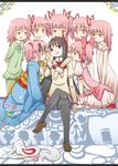  akemi_homura black_hair clara_dolls_(madoka_magica) crossed_legs empty_eyes hair_down hair_ornament hair_ribbon harem hug hug_from_behind japanese_clothes kaname_madoka kimono kyubey letterboxed lilia_(madoka_magica) loafers long_hair mahou_shoujo_madoka_magica mahou_shoujo_madoka_magica_movie multiple_girls multiple_persona open_mouth pajamas pantyhose pink_eyes pink_hair ribbon school_uniform shoes short_hair sitting skirt smile twintails very_long_hair yukata yuri yuu_(yutakamagika) 