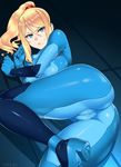  annoyed ass bangs blonde_hair blue blue_bodysuit blue_eyes blush bodysuit breasts cameltoe circle_name clenched_hands dutch_angle emblem fat_mons from_above from_side gloves hair_between_eyes hair_tie high_heels high_ponytail highres impossible_bodysuit impossible_clothes indoors large_breasts long_hair looking_at_viewer lying metroid metroid:_zero_mission mole mole_under_mouth on_floor on_side parted_bangs parted_lips ponytail samus_aran shadow sidelocks skin_tight solo spread_legs sweatdrop thighs tile_floor tiles turtleneck zero_suit zonda_(solid_air) 